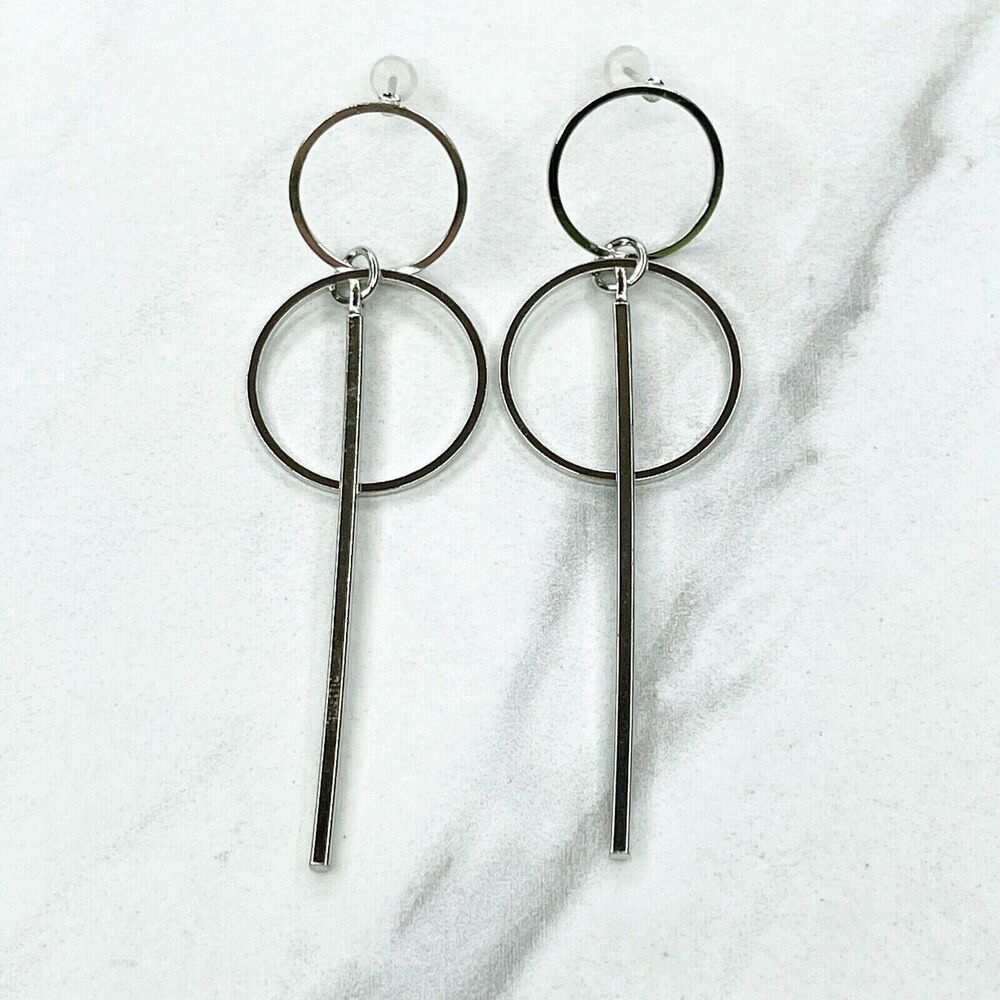 Silver Tone Double Hoop Bar Post Earrings Pierced Pair